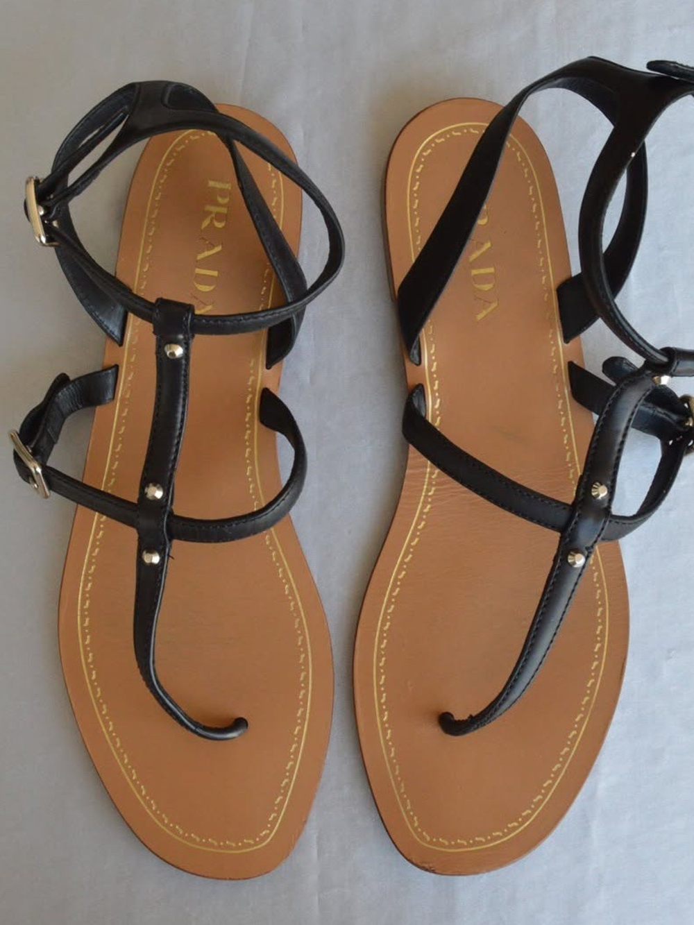 Prada Black Leather Strappy Flat Sandals with Tan Insole